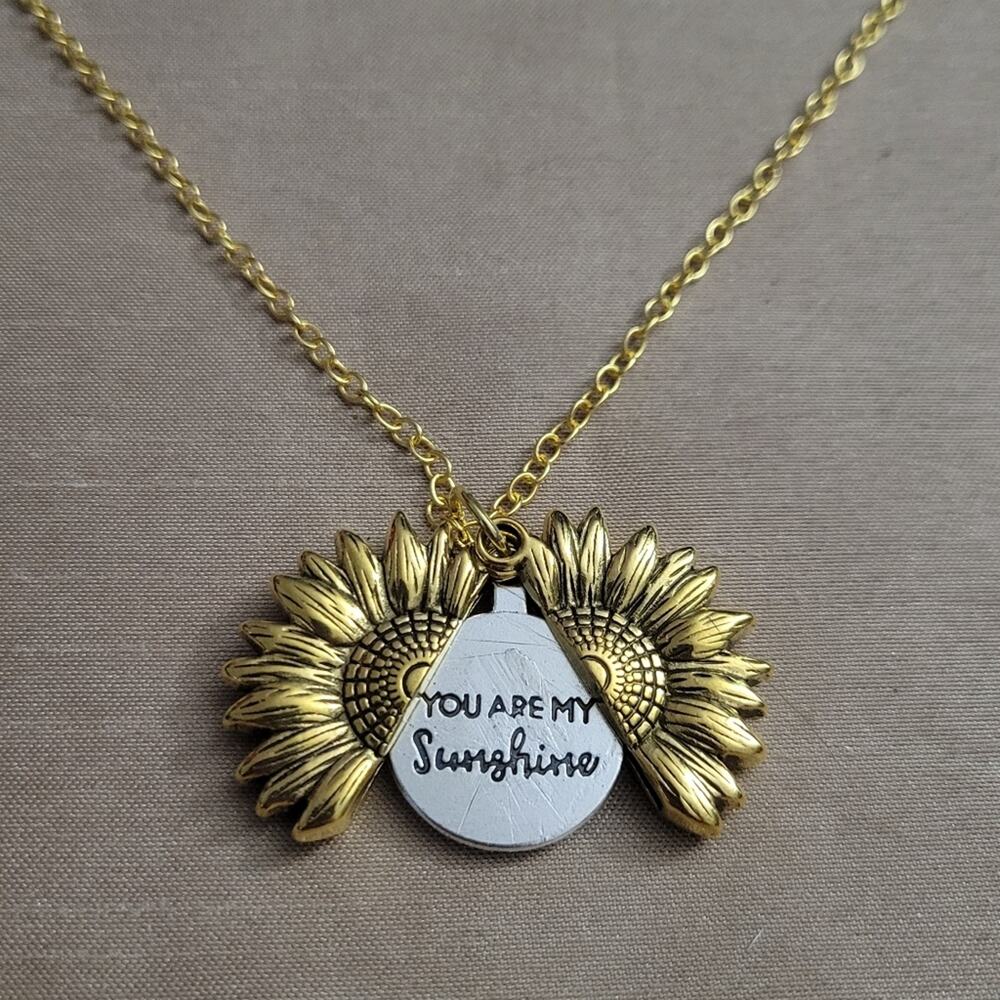 90s style gold & silver tone sunflower locket necklace "you are my sunshine"